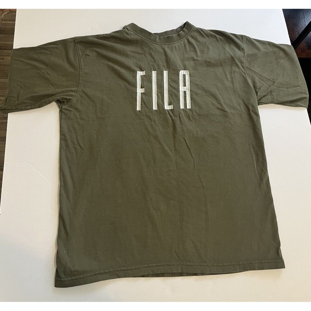 FILA Olive Men's Crew Neck T-Shirt S Cotton Graphic Embroidered Short Sleeve